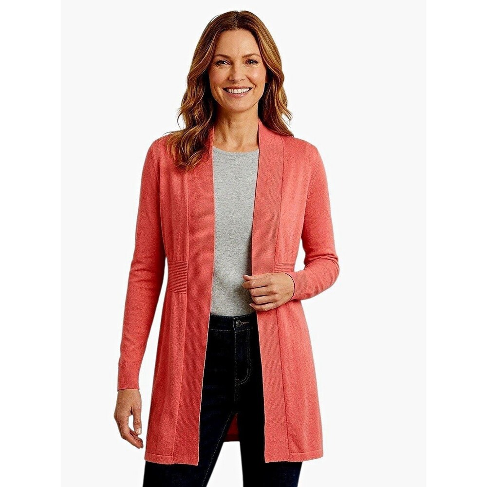 Chico's Open Front Cardigan Sweater Size 1 (med) coral pink long sleeves Boho